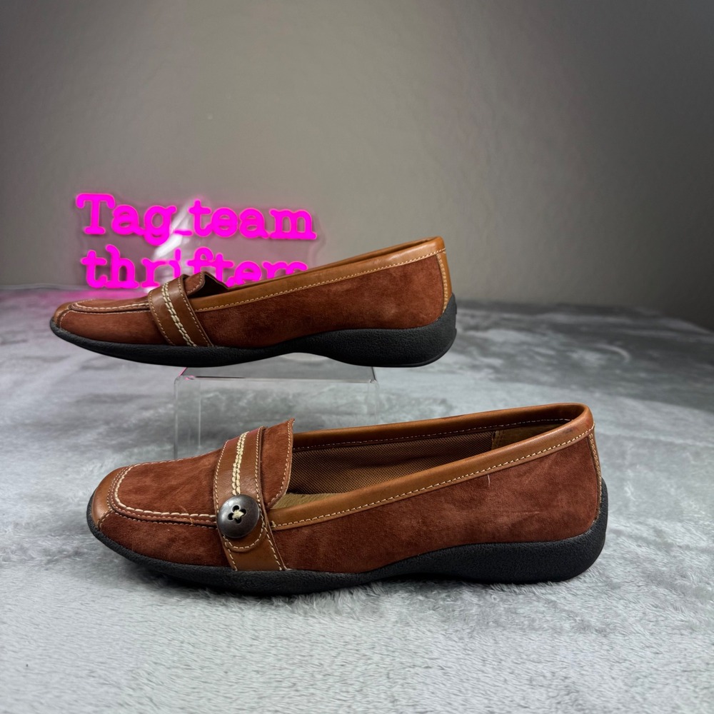 Hush Puppies 100% Relax Women 7.5W Brown Suede Leather Loafers Comfort Shoes